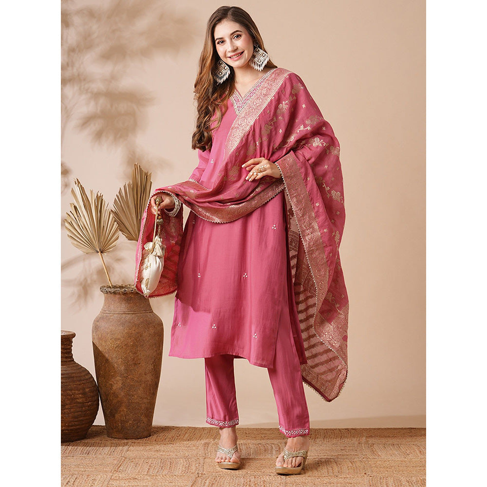 FASHOR Pink Embroidered Kurta with Pant and Dupatta (Set of 3)