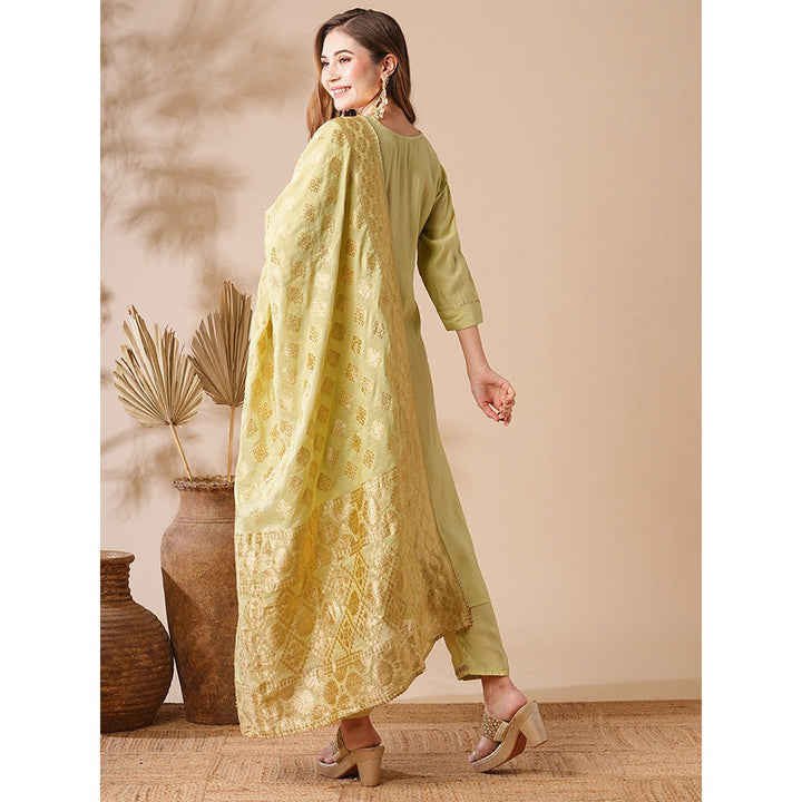 FASHOR Green Embroidered Kurta with Pant and Dupatta (Set of 3)