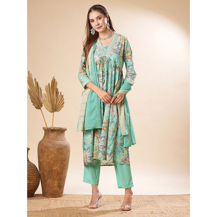 FASHOR Printed Embroidered Kurta With Pant & Dupatta - Sea Green (Set of 3)