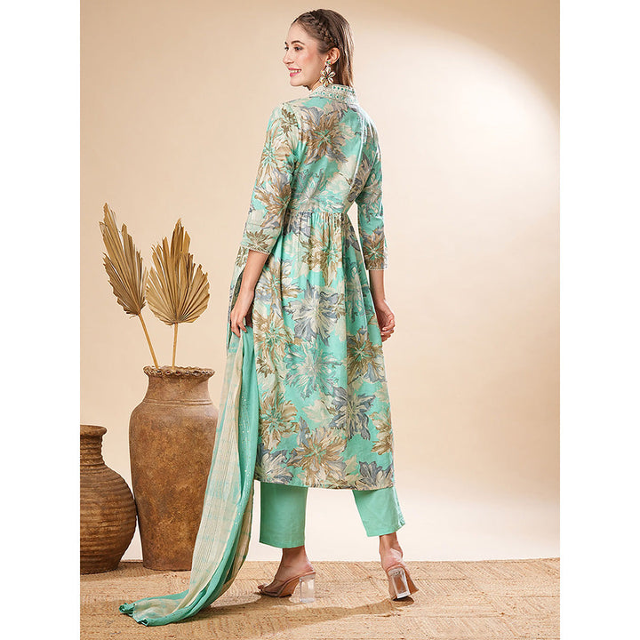 FASHOR Printed Embroidered Kurta With Pant & Dupatta - Sea Green (Set of 3)