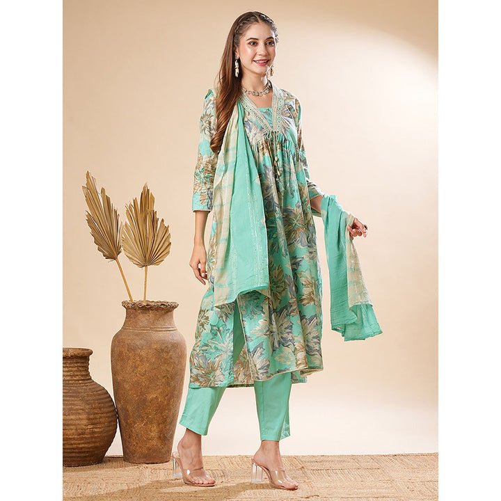 FASHOR Printed Embroidered Kurta With Pant & Dupatta - Sea Green (Set of 3)