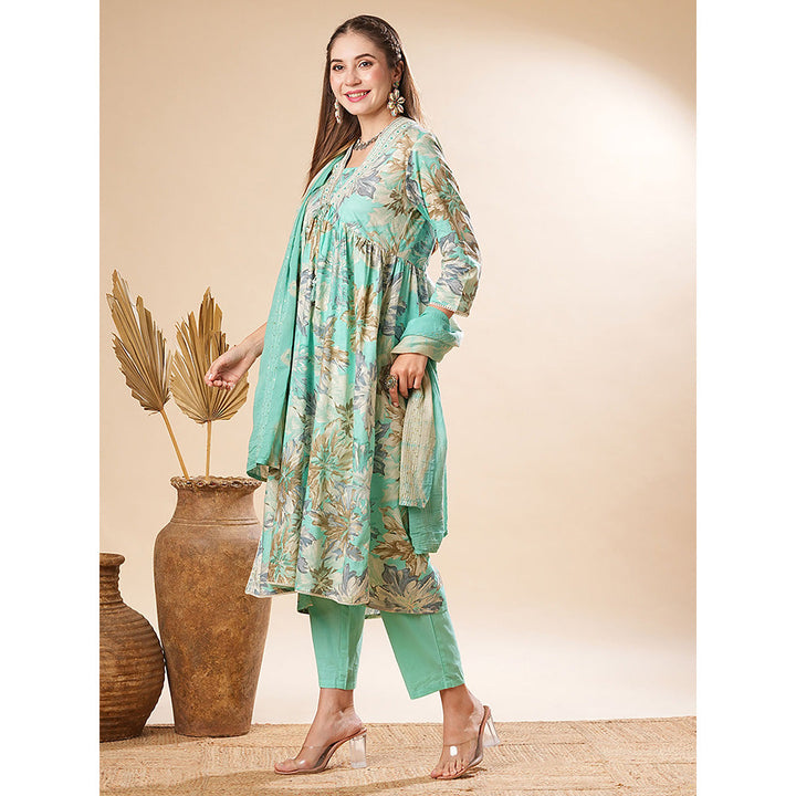 FASHOR Printed Embroidered Kurta With Pant & Dupatta - Sea Green (Set of 3)