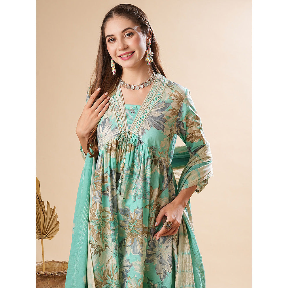 FASHOR Printed Embroidered Kurta With Pant & Dupatta - Sea Green (Set of 3)