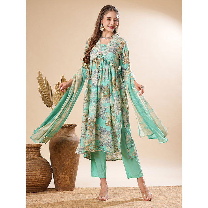 FASHOR Printed Embroidered Kurta With Pant & Dupatta - Sea Green (Set of 3)