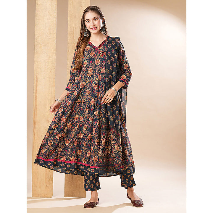 FASHOR Floral Printed Anarkali With Pant & Dupatta - Navy Blue (Set of 3)