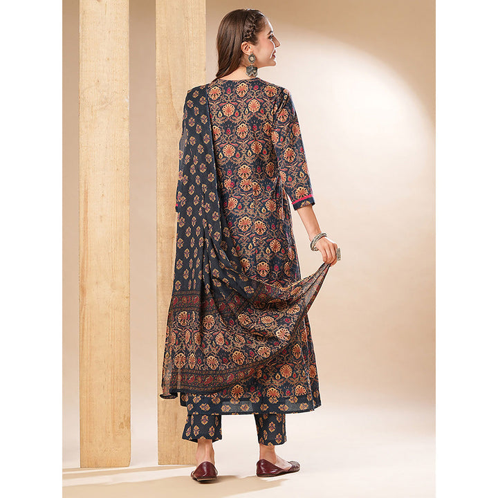 FASHOR Floral Printed Anarkali With Pant & Dupatta - Navy Blue (Set of 3)