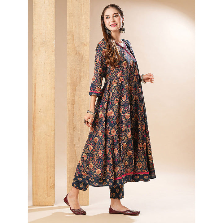 FASHOR Floral Printed Anarkali With Pant & Dupatta - Navy Blue (Set of 3)