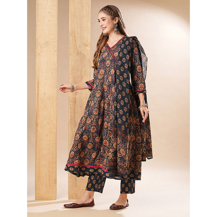 FASHOR Floral Printed Anarkali With Pant & Dupatta - Navy Blue (Set of 3)