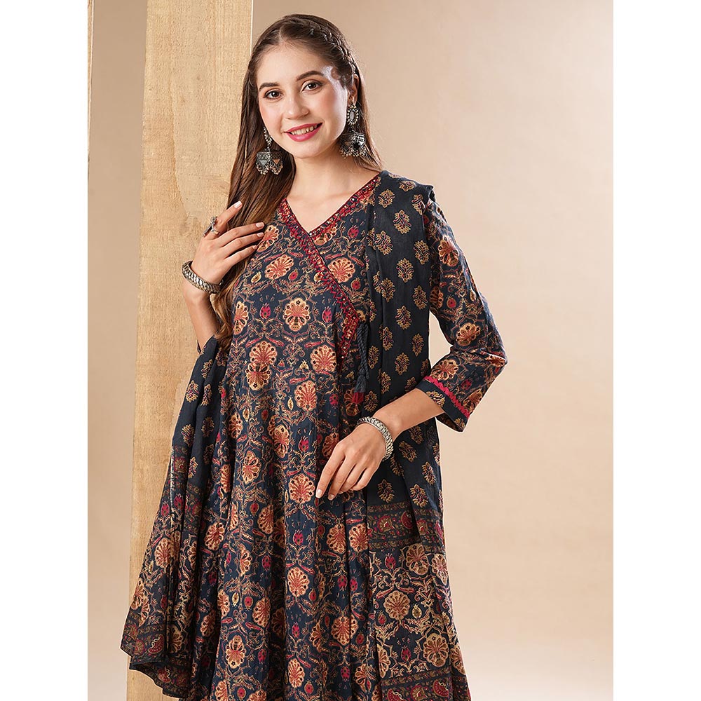 FASHOR Floral Printed Anarkali With Pant & Dupatta - Navy Blue (Set of 3)