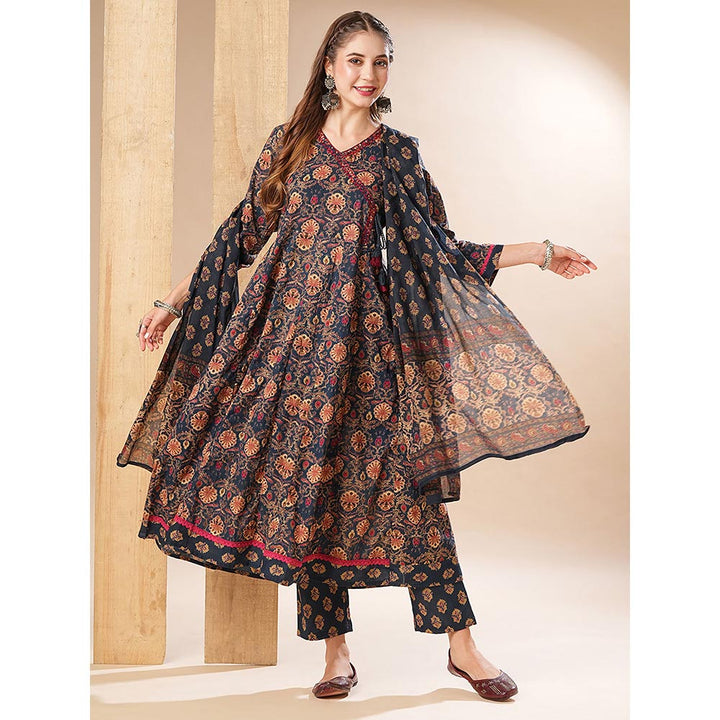 FASHOR Floral Printed Anarkali With Pant & Dupatta - Navy Blue (Set of 3)