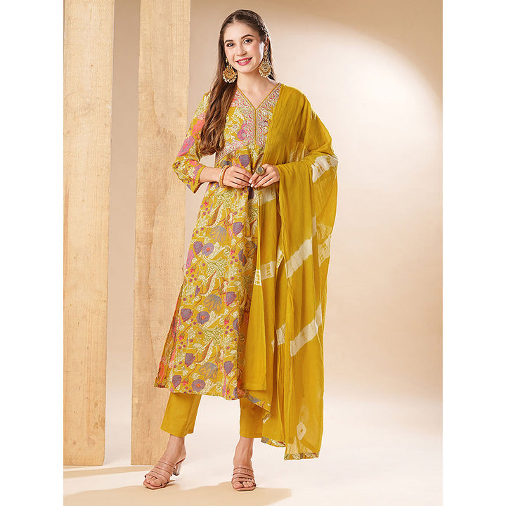 FASHOR Floral Printed Anarkali With Pant & Dupatta - Yellow (Set of 3)