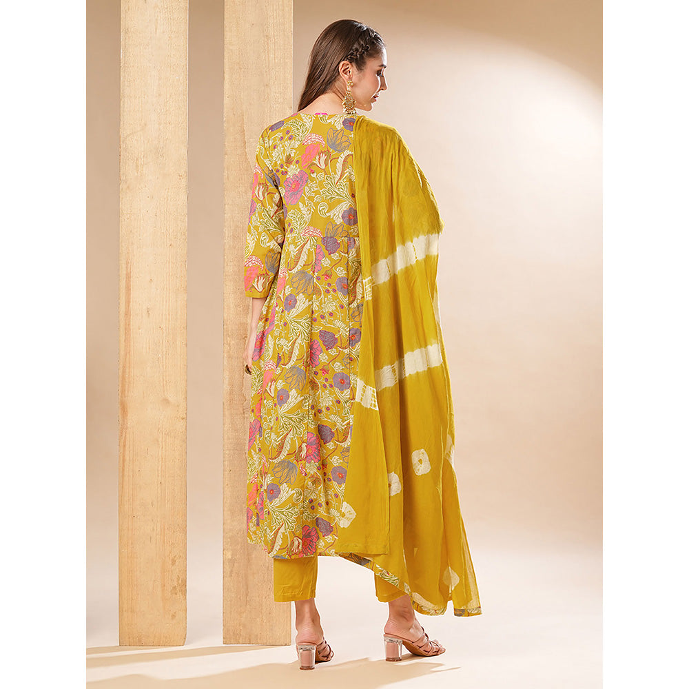 FASHOR Floral Printed Anarkali With Pant & Dupatta - Yellow (Set of 3)