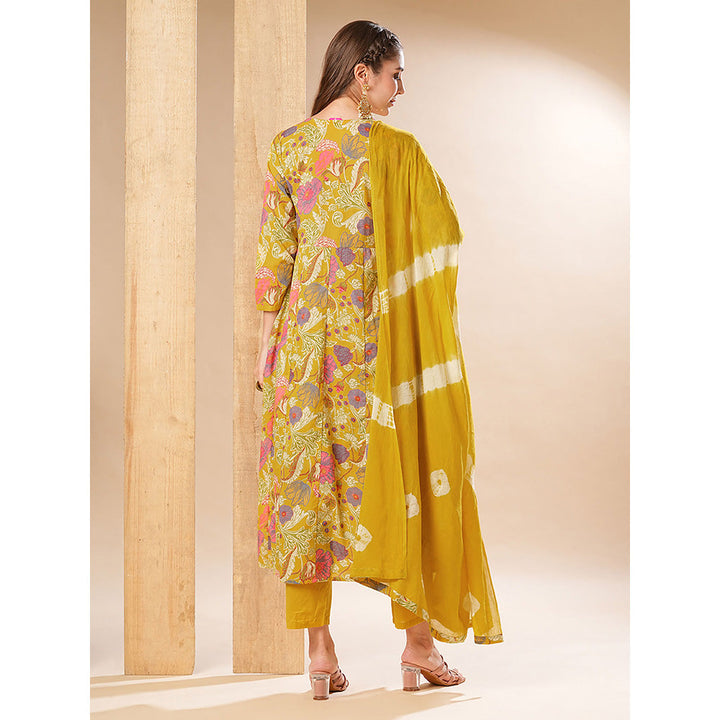 FASHOR Floral Printed Anarkali With Pant & Dupatta - Yellow (Set of 3)