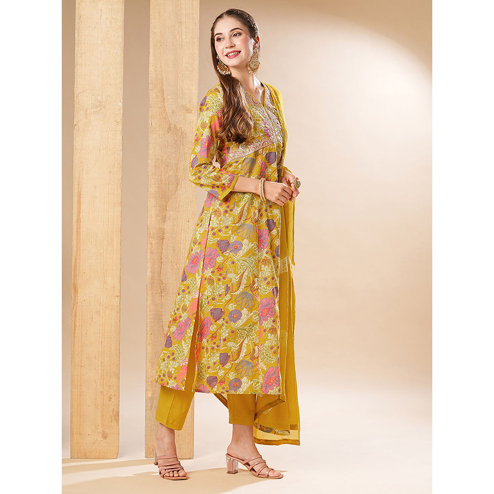 FASHOR Floral Printed Anarkali With Pant & Dupatta - Yellow (Set of 3)