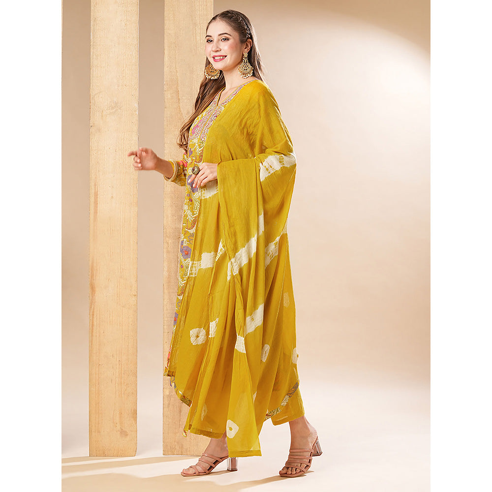 FASHOR Floral Printed Anarkali With Pant & Dupatta - Yellow (Set of 3)