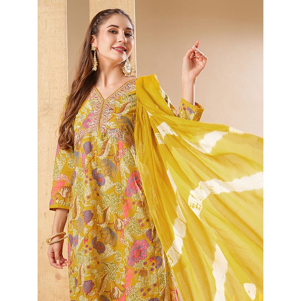 FASHOR Floral Printed Anarkali With Pant & Dupatta - Yellow (Set of 3)