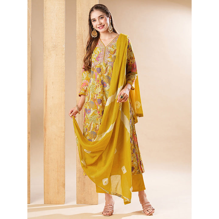 FASHOR Floral Printed Anarkali With Pant & Dupatta - Yellow (Set of 3)