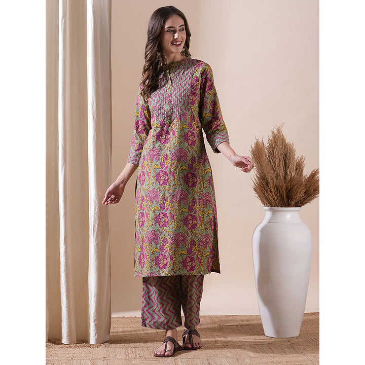 FASHOR Floral Printed Kurta With Palazzo - Grey & Purple (Set of 2)