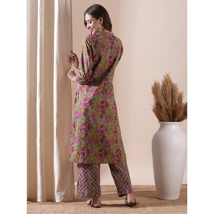 FASHOR Floral Printed Kurta With Palazzo - Grey & Purple (Set of 2)