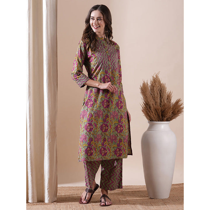 FASHOR Floral Printed Kurta With Palazzo - Grey & Purple (Set of 2)