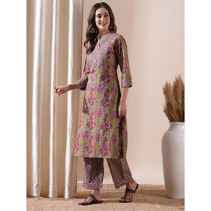 FASHOR Floral Printed Kurta With Palazzo - Grey & Purple (Set of 2)