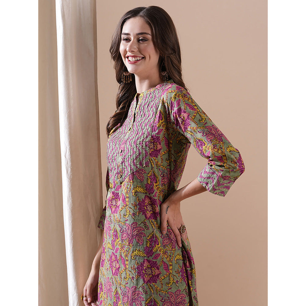 FASHOR Floral Printed Kurta With Palazzo - Grey & Purple (Set of 2)