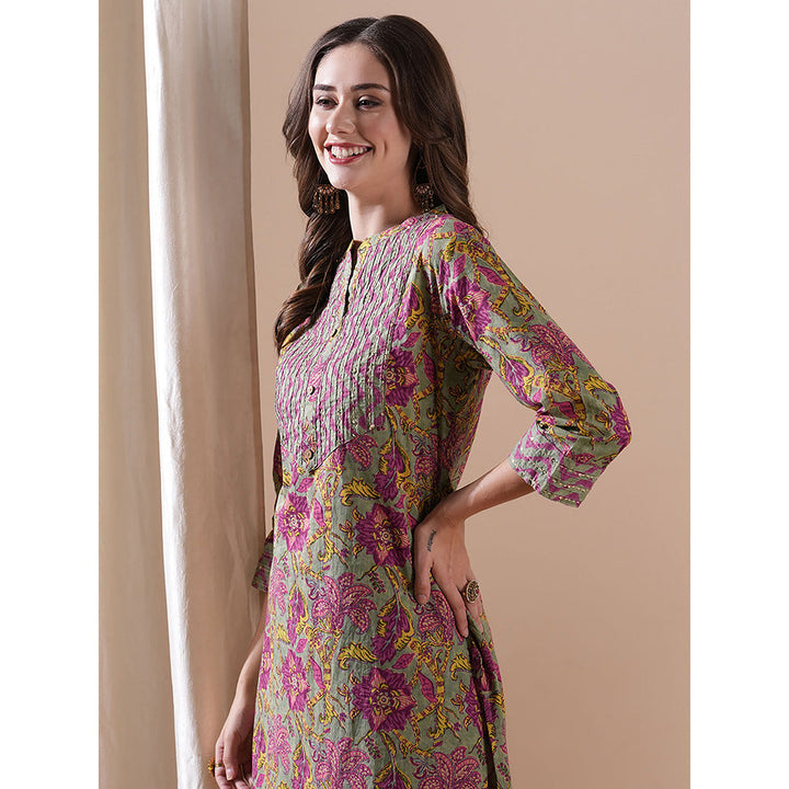 FASHOR Floral Printed Kurta With Palazzo - Grey & Purple (Set of 2)