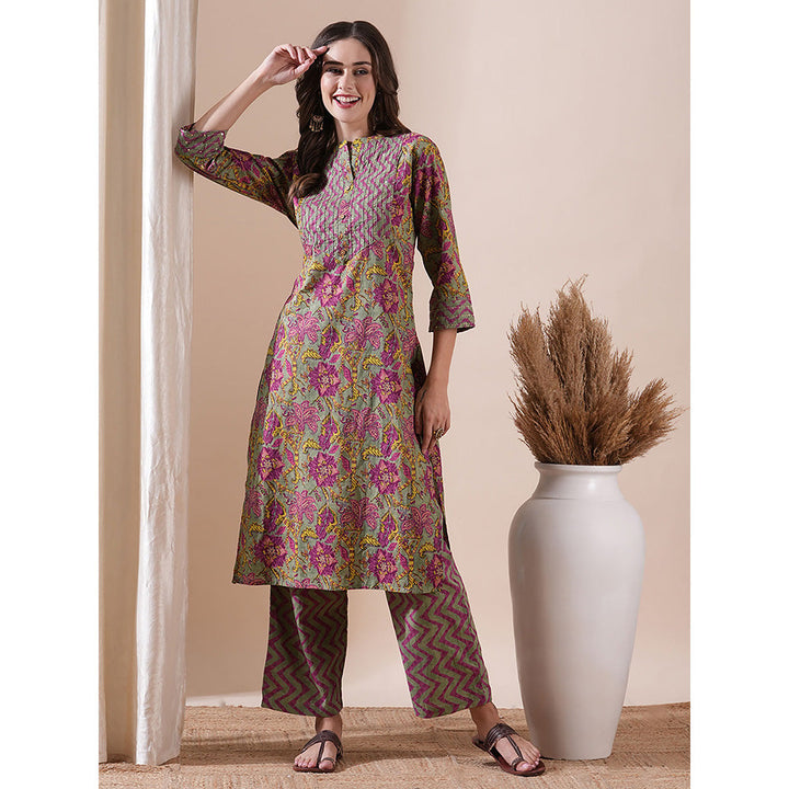 FASHOR Floral Printed Kurta With Palazzo - Grey & Purple (Set of 2)