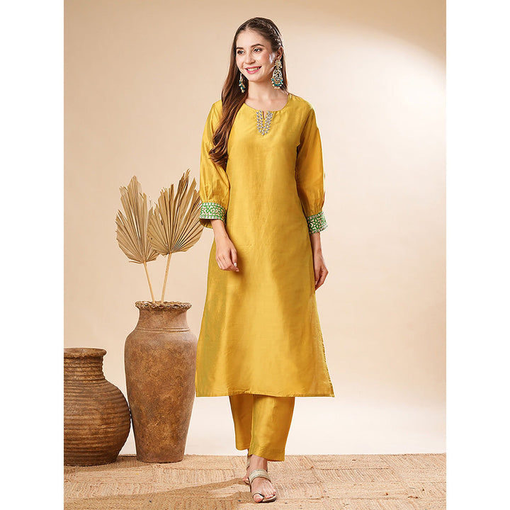 FASHOR Solid Zari Embroidered Kurta With Pant - Yellow (Set of 2)