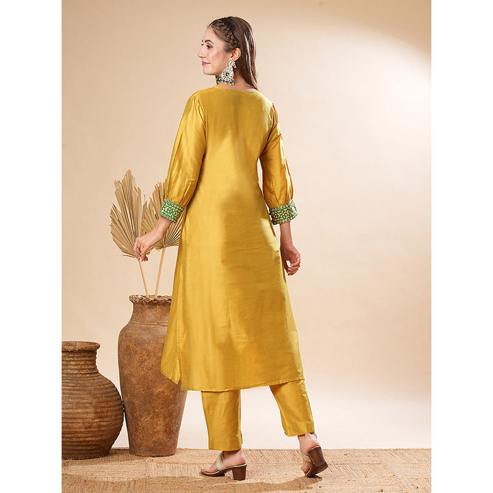 FASHOR Solid Zari Embroidered Kurta With Pant - Yellow (Set of 2)