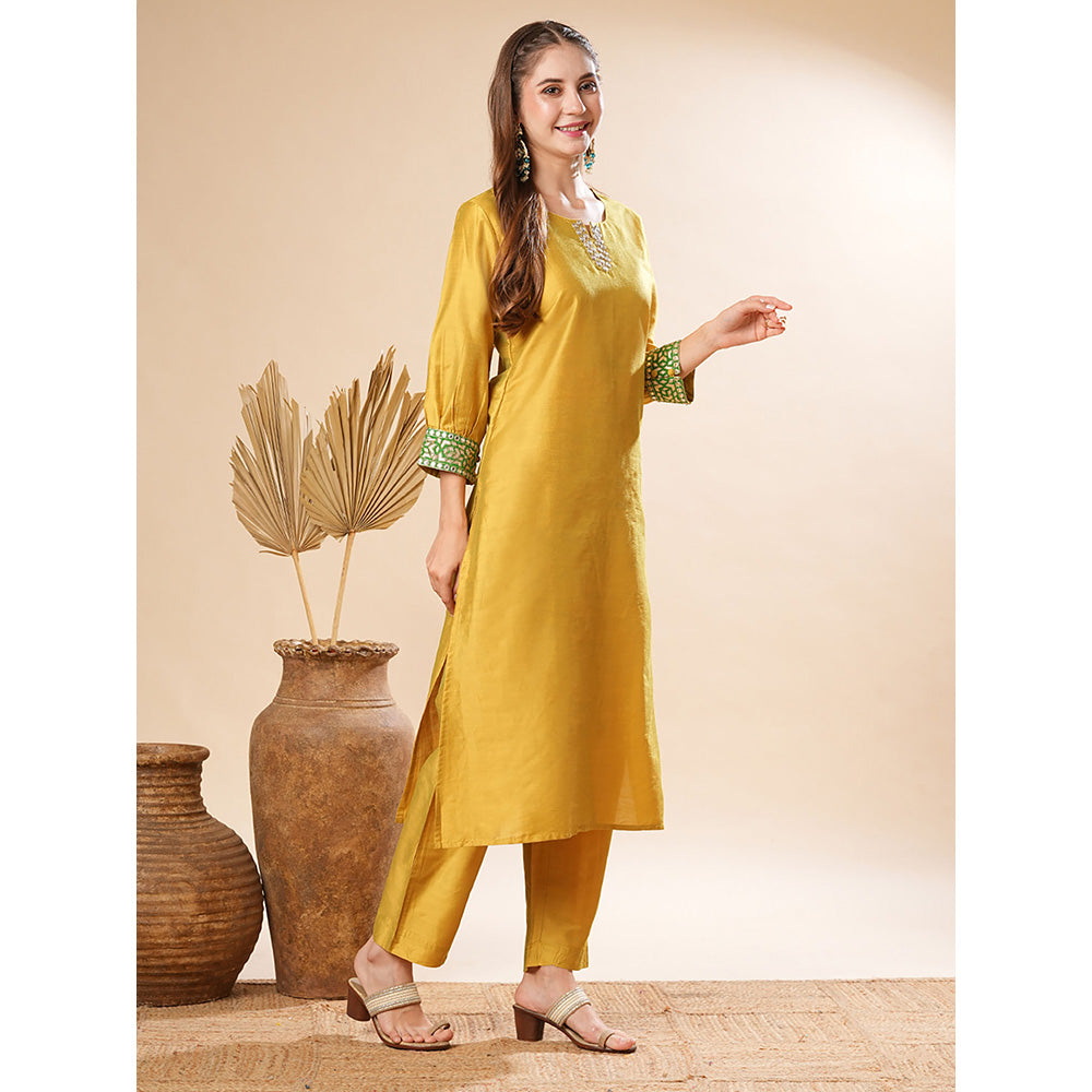 FASHOR Solid Zari Embroidered Kurta With Pant - Yellow (Set of 2)