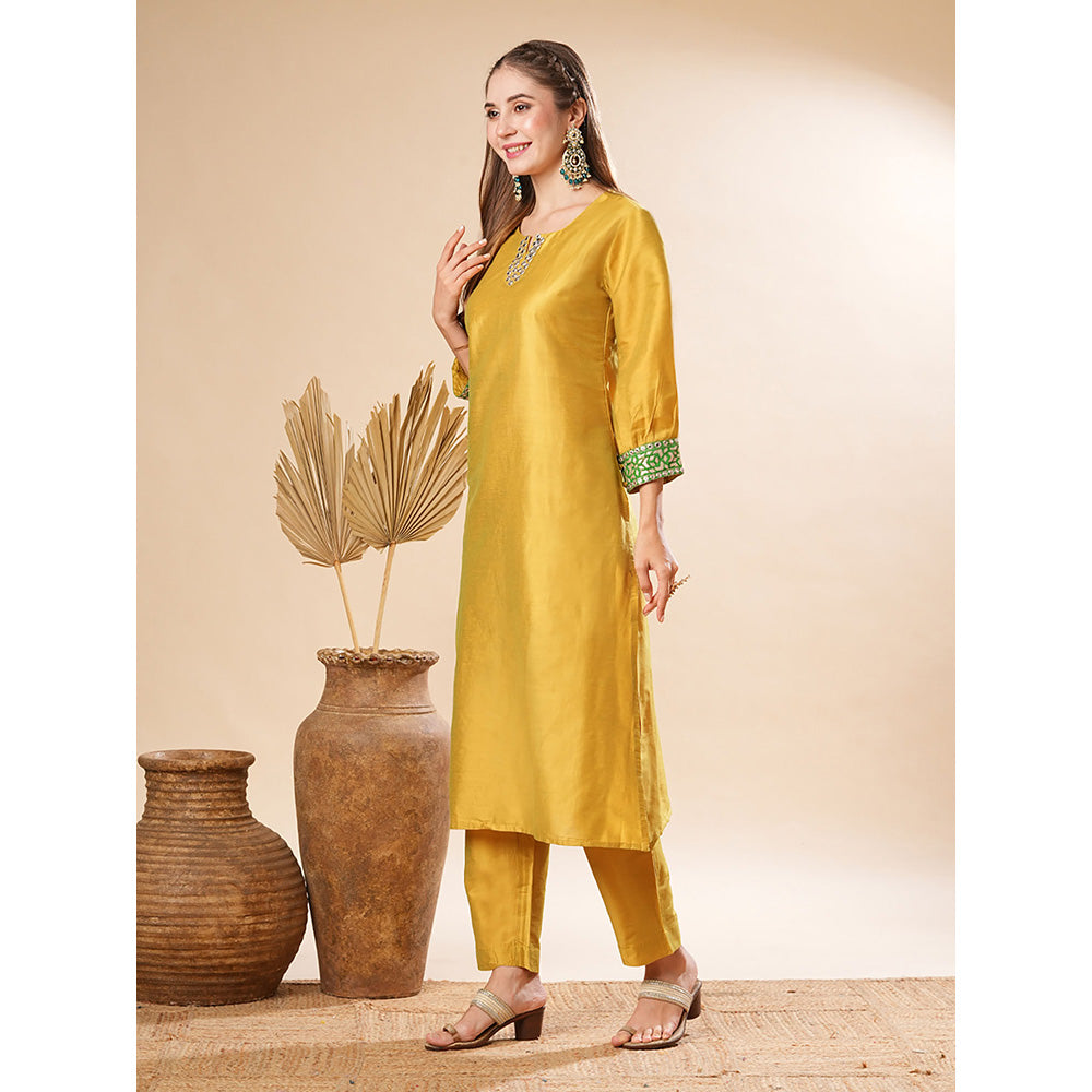 FASHOR Solid Zari Embroidered Kurta With Pant - Yellow (Set of 2)