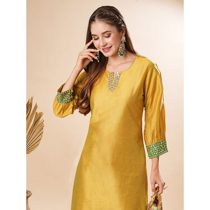 FASHOR Solid Zari Embroidered Kurta With Pant - Yellow (Set of 2)