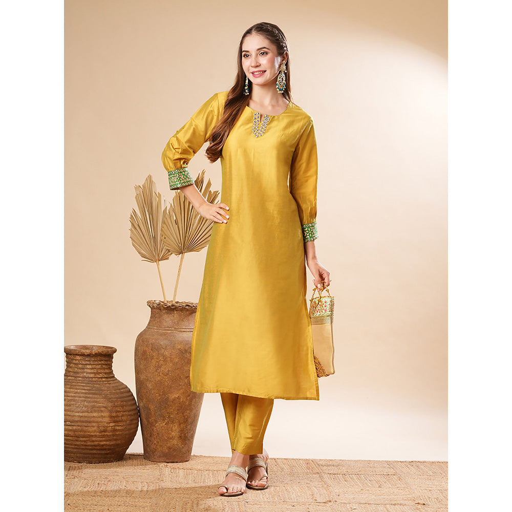 FASHOR Solid Zari Embroidered Kurta With Pant - Yellow (Set of 2)