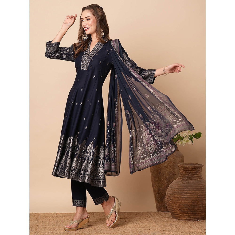 FASHOR Ethnic Printed Embroidered Anarkali Kurta with Pant and Dupatta (Set of 3)