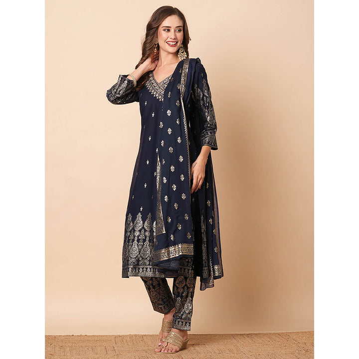 FASHOR Ethnic Printed Sequins Embroidered Angrakha Kurta with Pant and Dupatta (Set of 3)