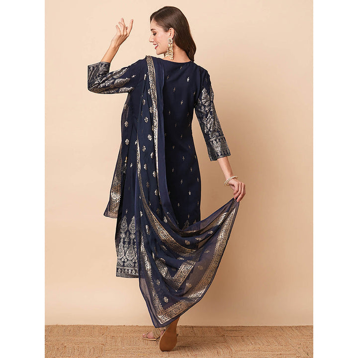 FASHOR Ethnic Printed Sequins Embroidered Angrakha Kurta with Pant and Dupatta (Set of 3)