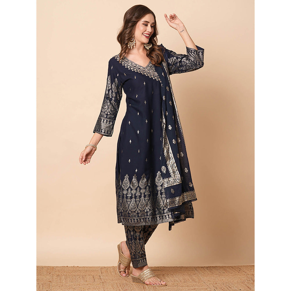 FASHOR Ethnic Printed Sequins Embroidered Angrakha Kurta with Pant and Dupatta (Set of 3)