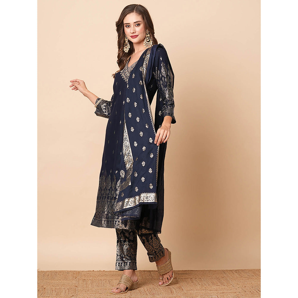 FASHOR Ethnic Printed Sequins Embroidered Angrakha Kurta with Pant and Dupatta (Set of 3)