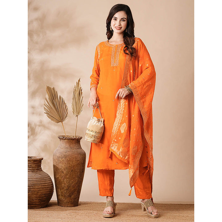 FASHOR Zari Aari Embroidered Kurta with Pant and Zari Brocade Dupatta (Set of 3)