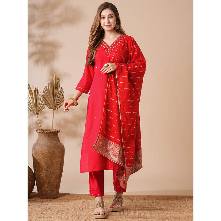 FASHOR Womens Pearl Embroidered Kurta with Pant and Jacquard Dupatta (Set of 3)