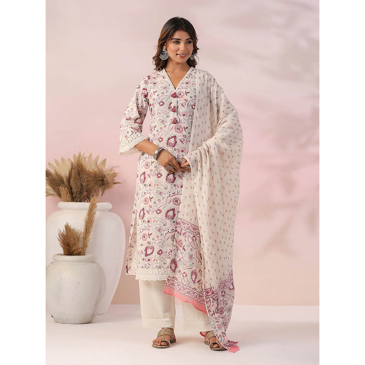 FASHOR Floral Print Resham Embroidered Lace Work Kurta with Palazzo and Dupatta (Set of 3)