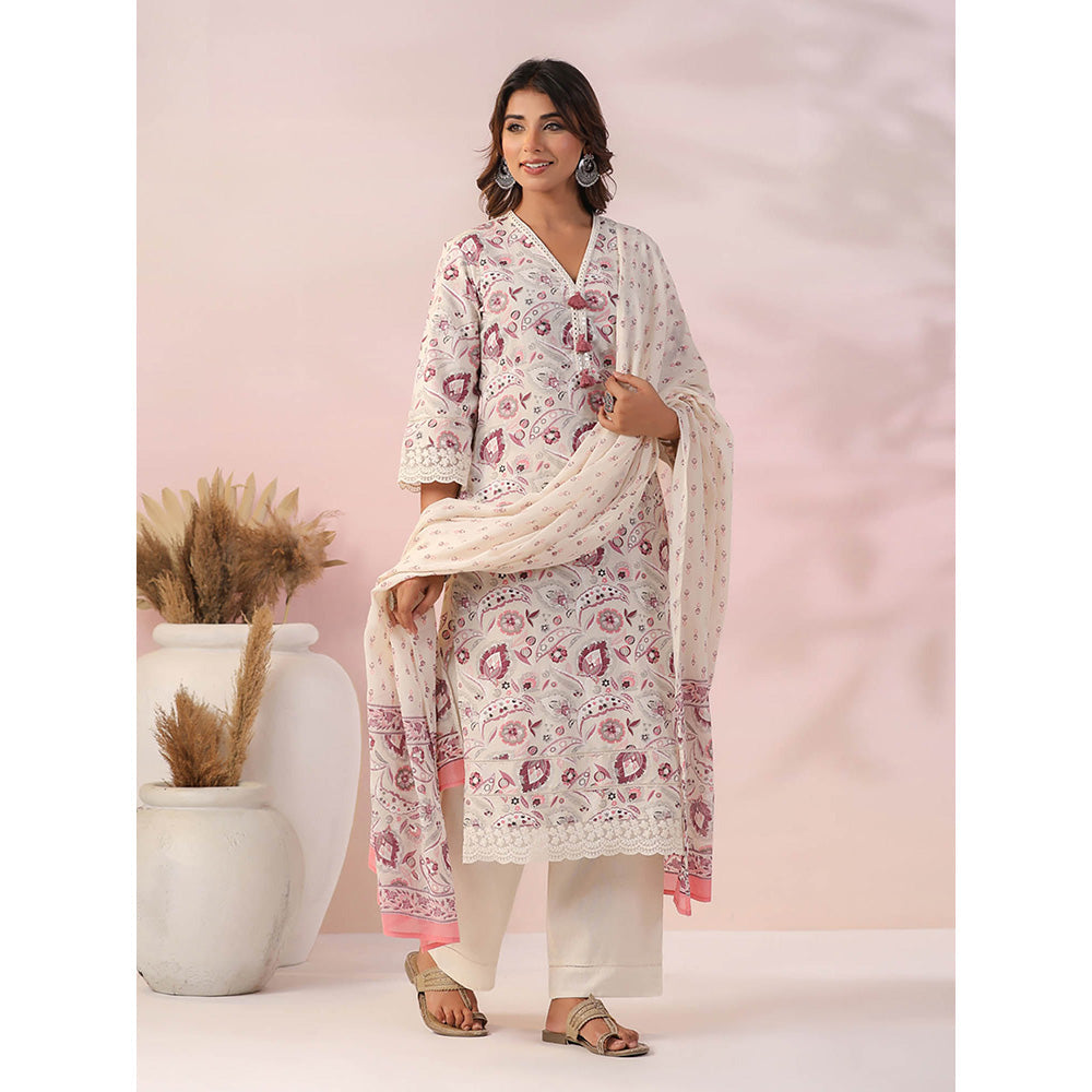 FASHOR Floral Print Resham Embroidered Lace Work Kurta with Palazzo and Dupatta (Set of 3)