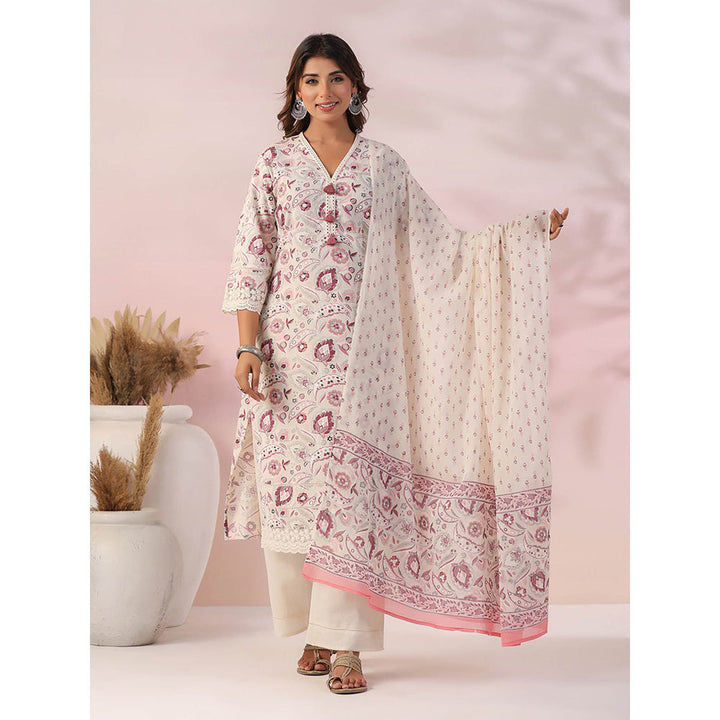 FASHOR Floral Print Resham Embroidered Lace Work Kurta with Palazzo and Dupatta (Set of 3)