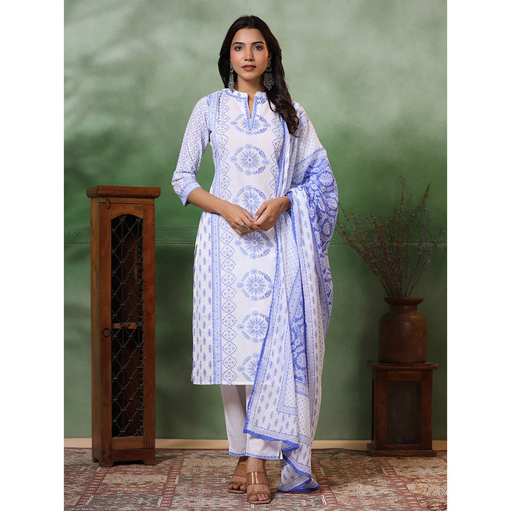 FASHOR Ethnic Floral Printed Pure Cotton Straight Kurta with Pant and Dupatta (Set of 3)