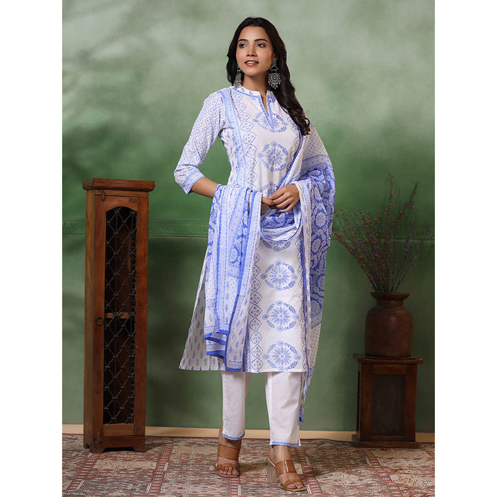 FASHOR Ethnic Floral Printed Pure Cotton Straight Kurta with Pant and Dupatta (Set of 3)