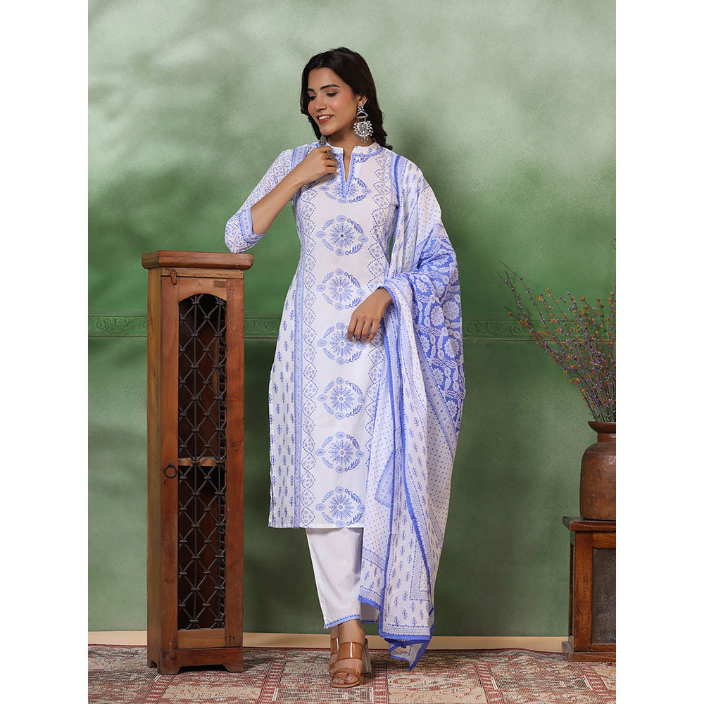 FASHOR Ethnic Floral Printed Pure Cotton Straight Kurta with Pant and Dupatta (Set of 3)