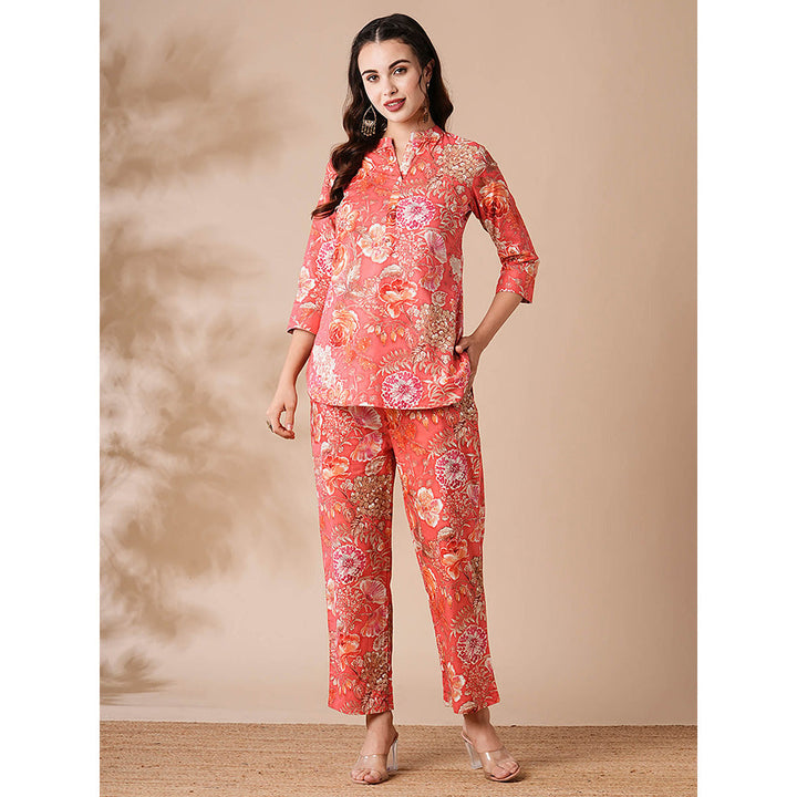 FASHOR Womens Peach Floral Printed Buttoned Co-ord (Set of 2)