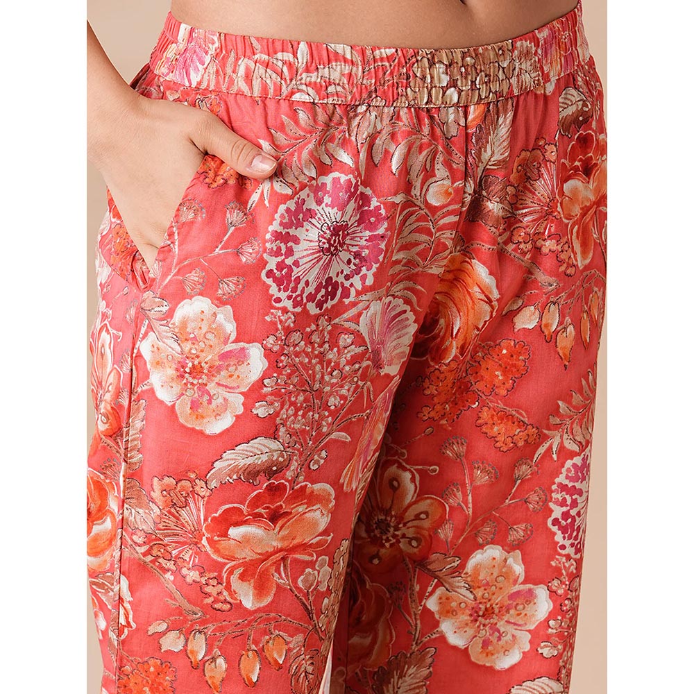 FASHOR Womens Peach Floral Printed Buttoned Co-ord (Set of 2)