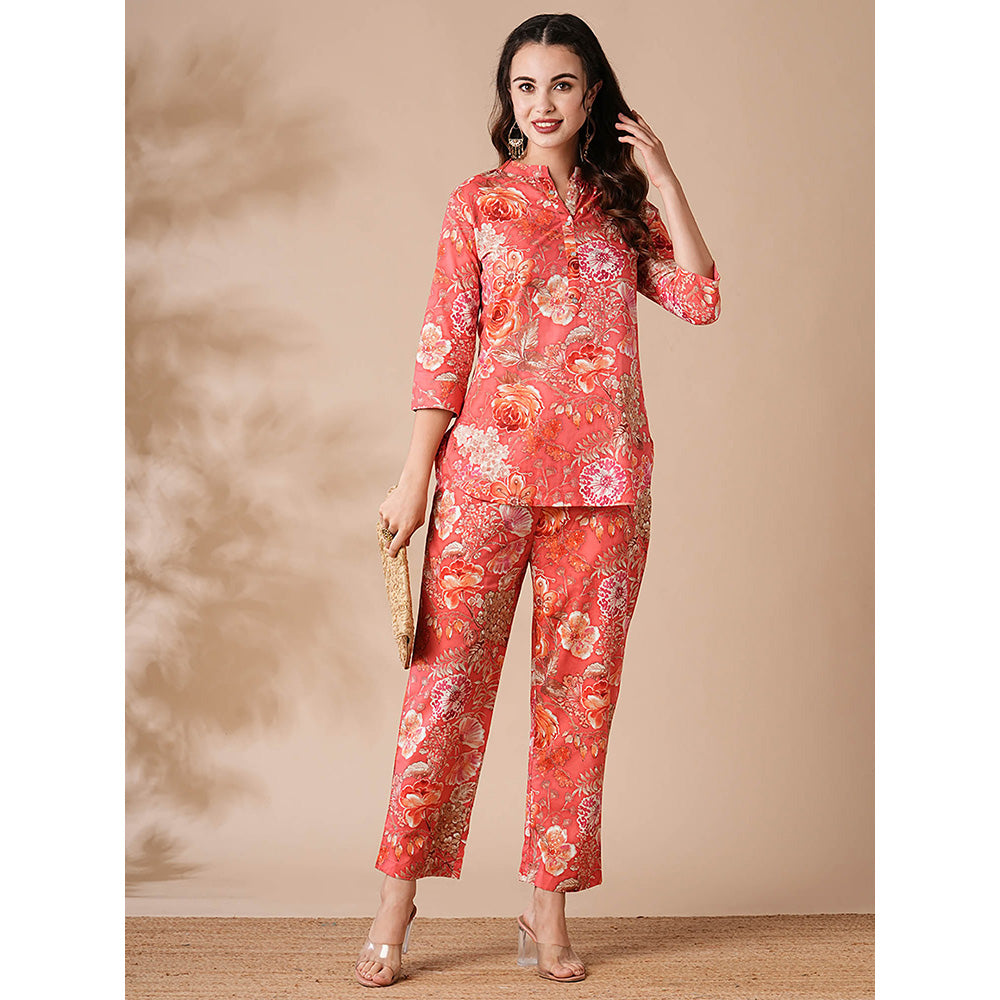 FASHOR Womens Peach Floral Printed Buttoned Co-ord (Set of 2)